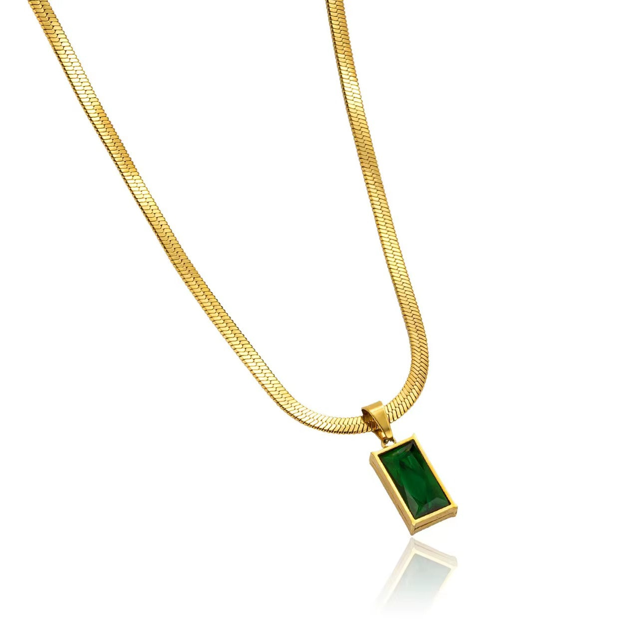 Golden Emerald Green Rectangular Pendant Necklace