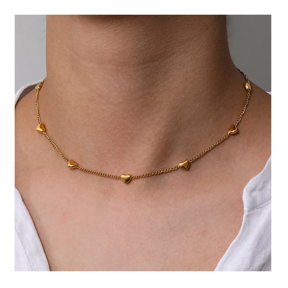 Gold Pleated Stainless Steel Mini Heart Necklace