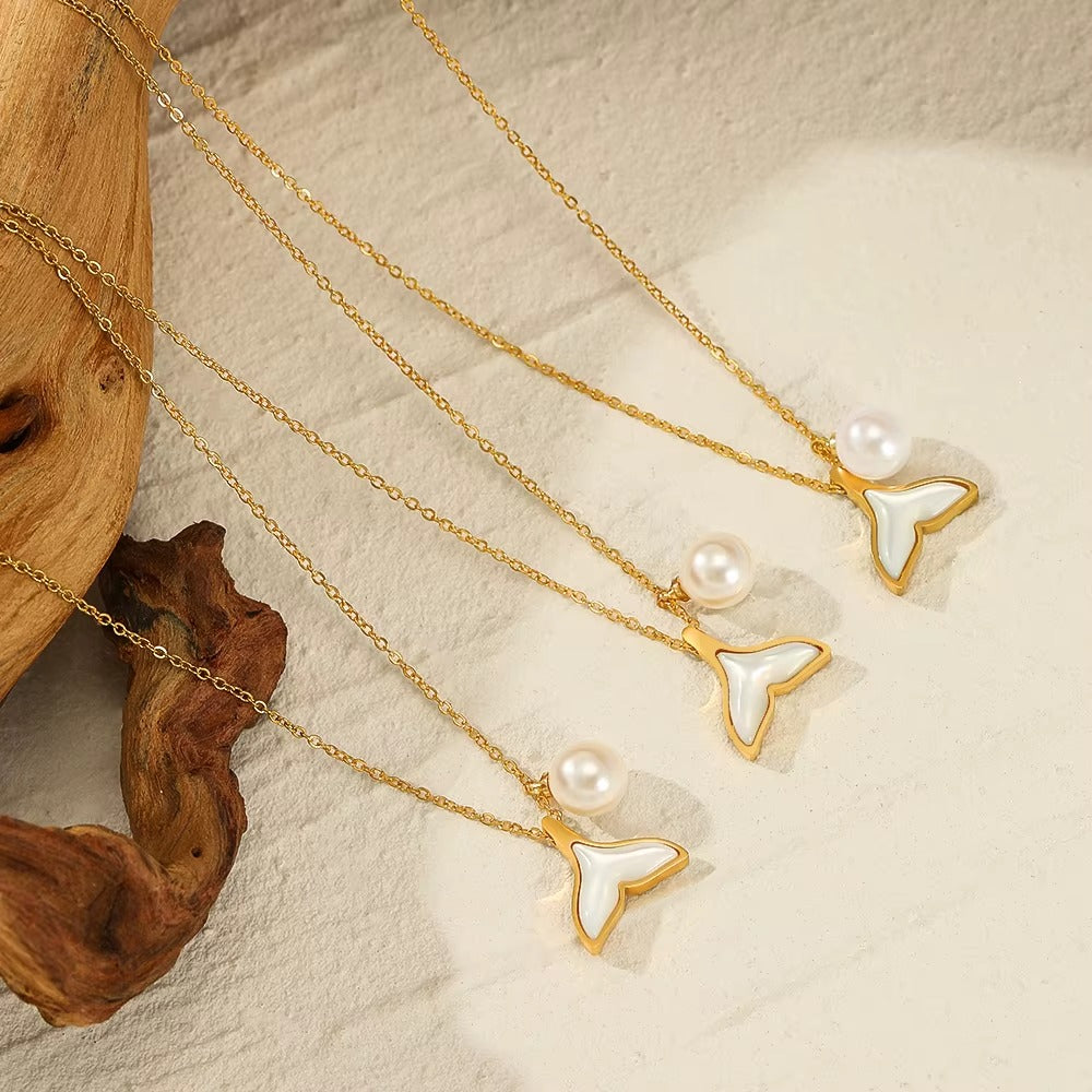 Golden Whale Tail Pendant Necklace with Pearl