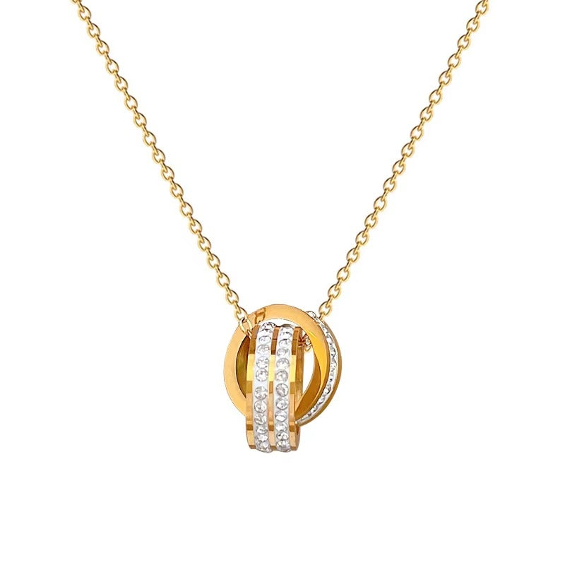 Premium Quality Gold Pleated Circle & Crystal Ring Pendant Necklace