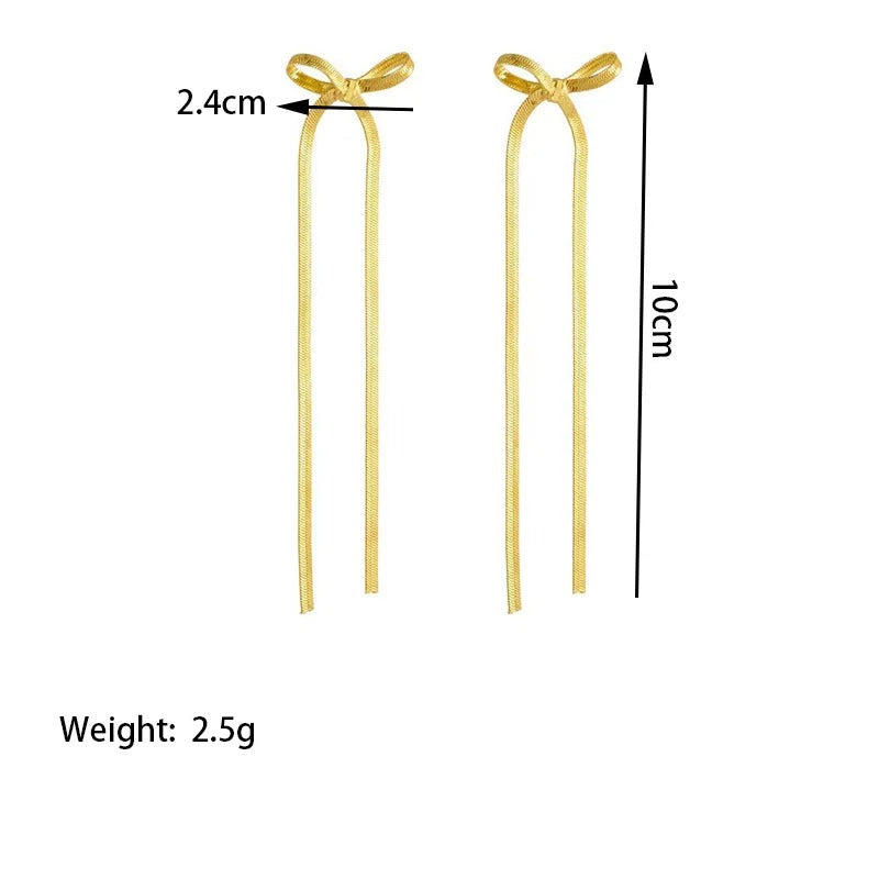 Elegant Long Bow Drop Earrings in Gold