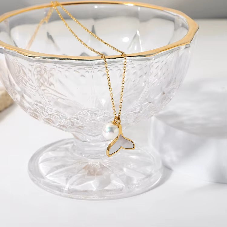 Golden Whale Tail Pendant Necklace with Pearl
