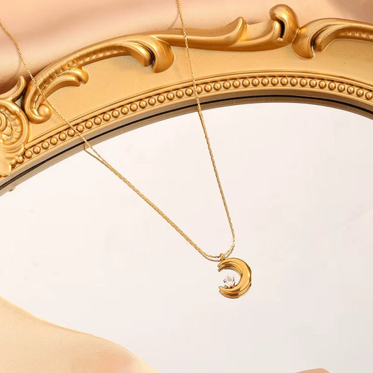 Golden Crescent Moon Necklace with Crystal Accent