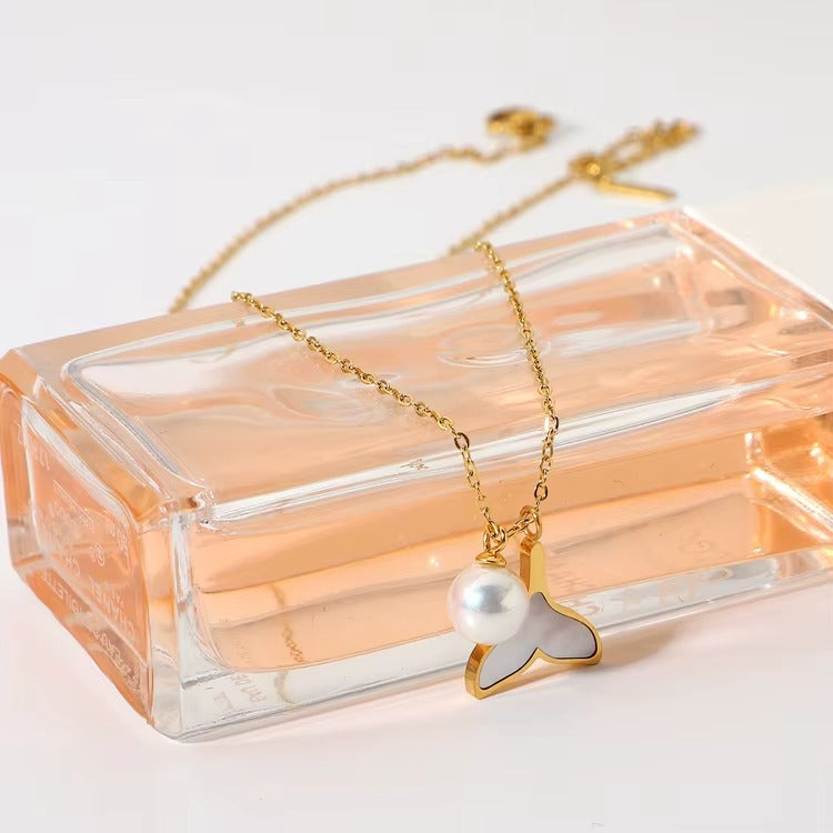 Golden Whale Tail Pendant Necklace with Pearl