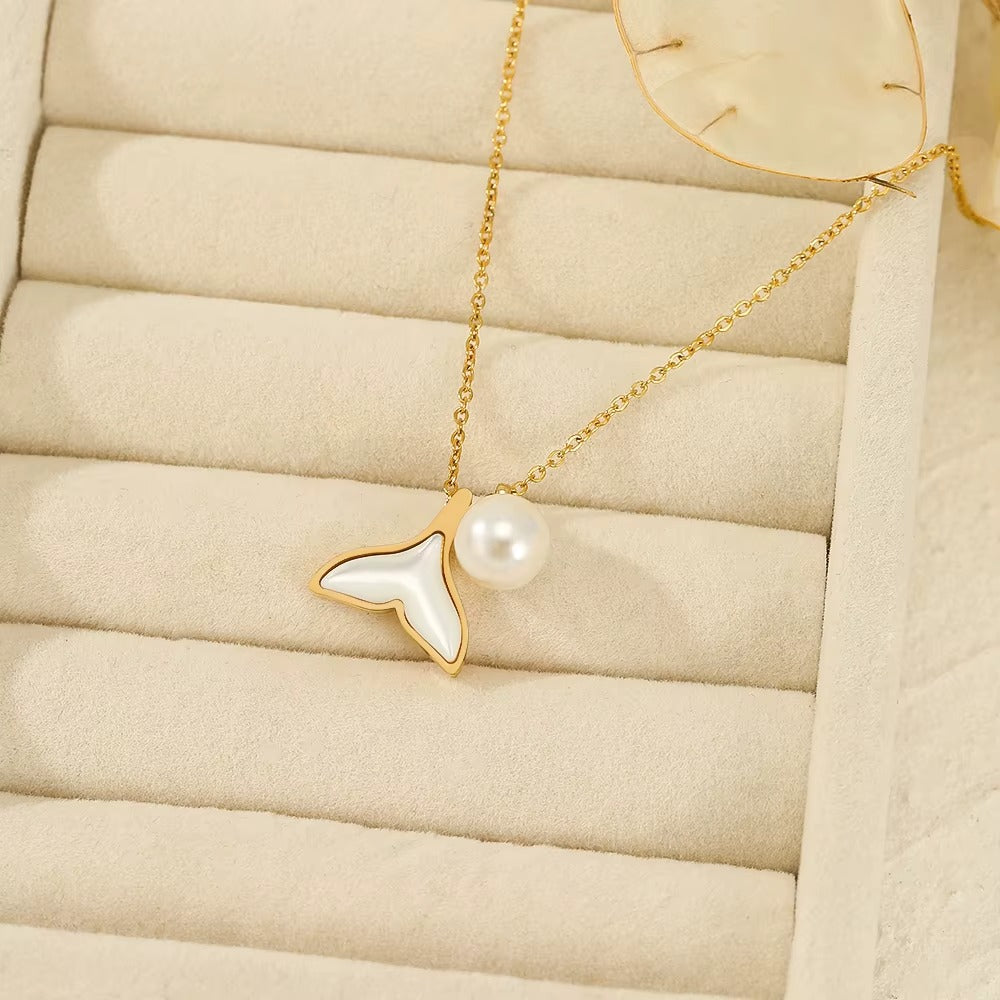 Golden Whale Tail Pendant Necklace with Pearl