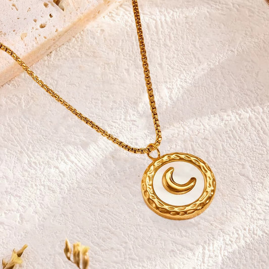 Golden Crescent Moon Pendant Necklace with Textured Frame