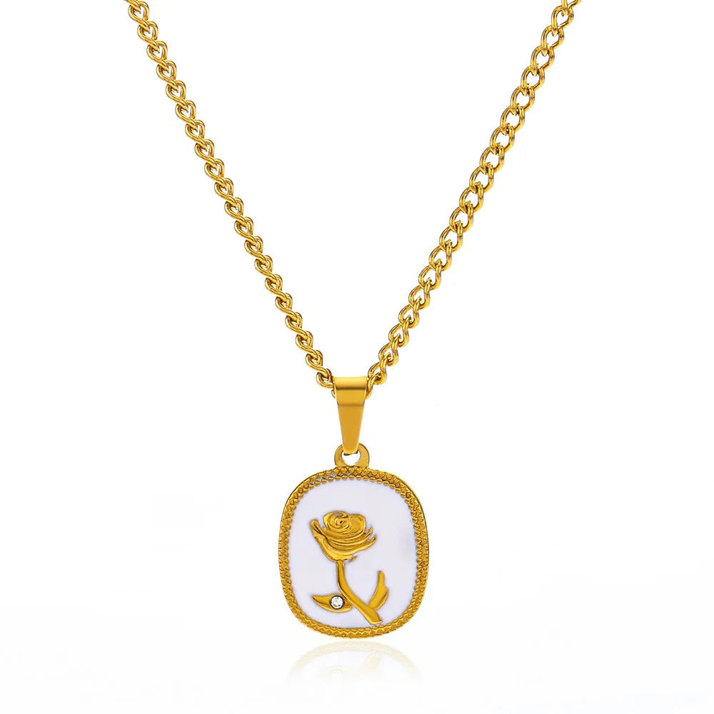 Elegant Golden Rose Pendant Necklace with White Enamel Base