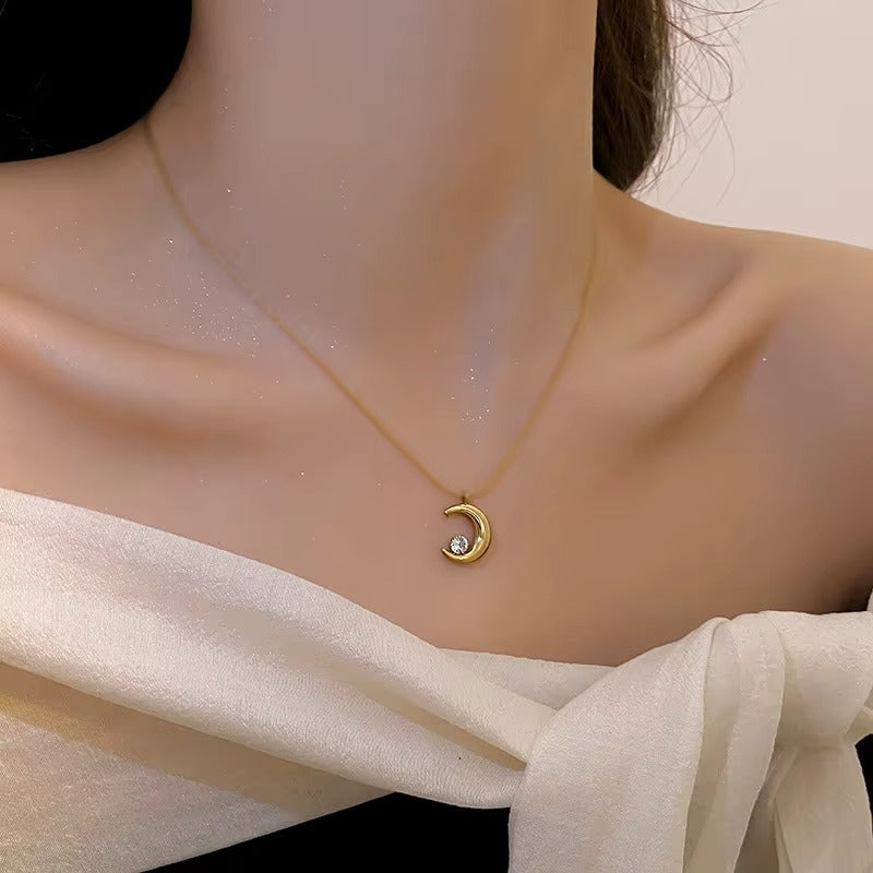 Golden Crescent Moon Necklace with Crystal Accent