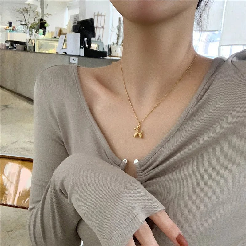 Gold Pleated Balloon Dog Pendant Necklace