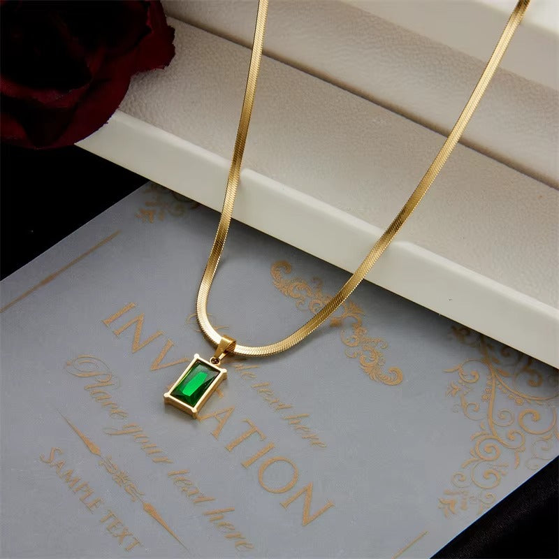 Golden Emerald Green Rectangular Pendant Necklace
