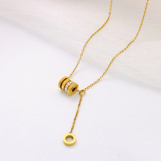 Golden Crystal Ring Pendant Necklace with Drop Chain Design