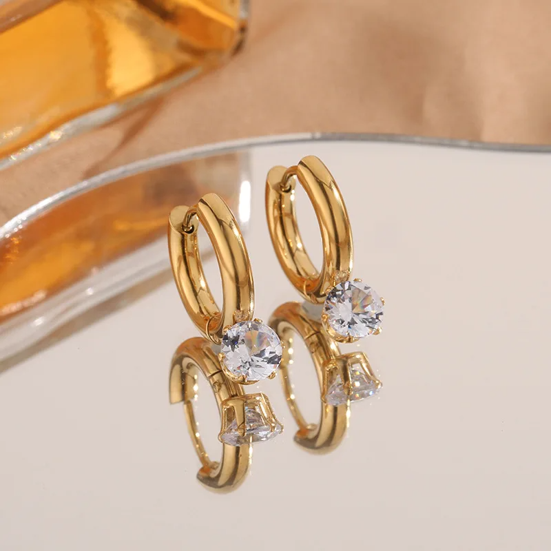 Golden Hoop Earrings with Round Crystal Drop