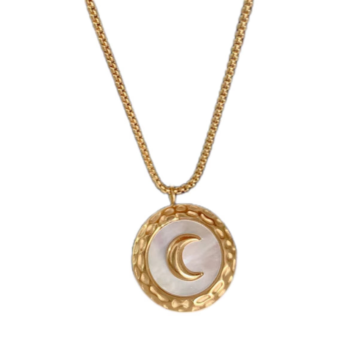 Golden Crescent Moon Pendant Necklace with Textured Frame