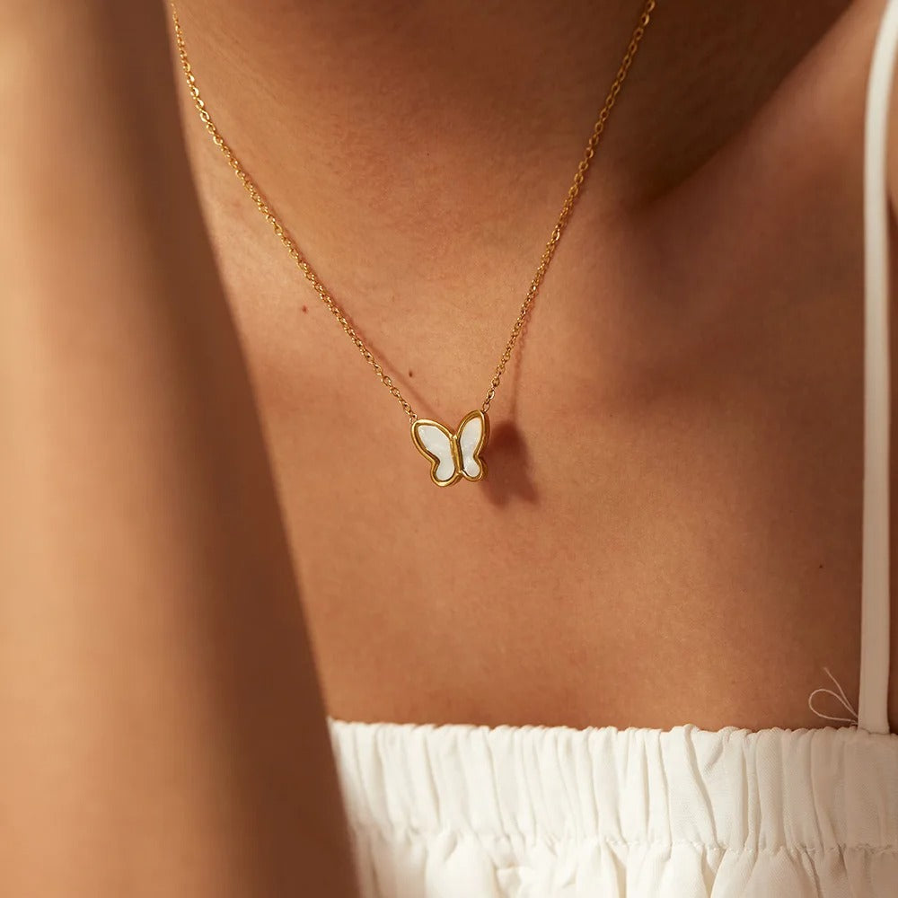 White Butterfly Gold Pendant Necklace