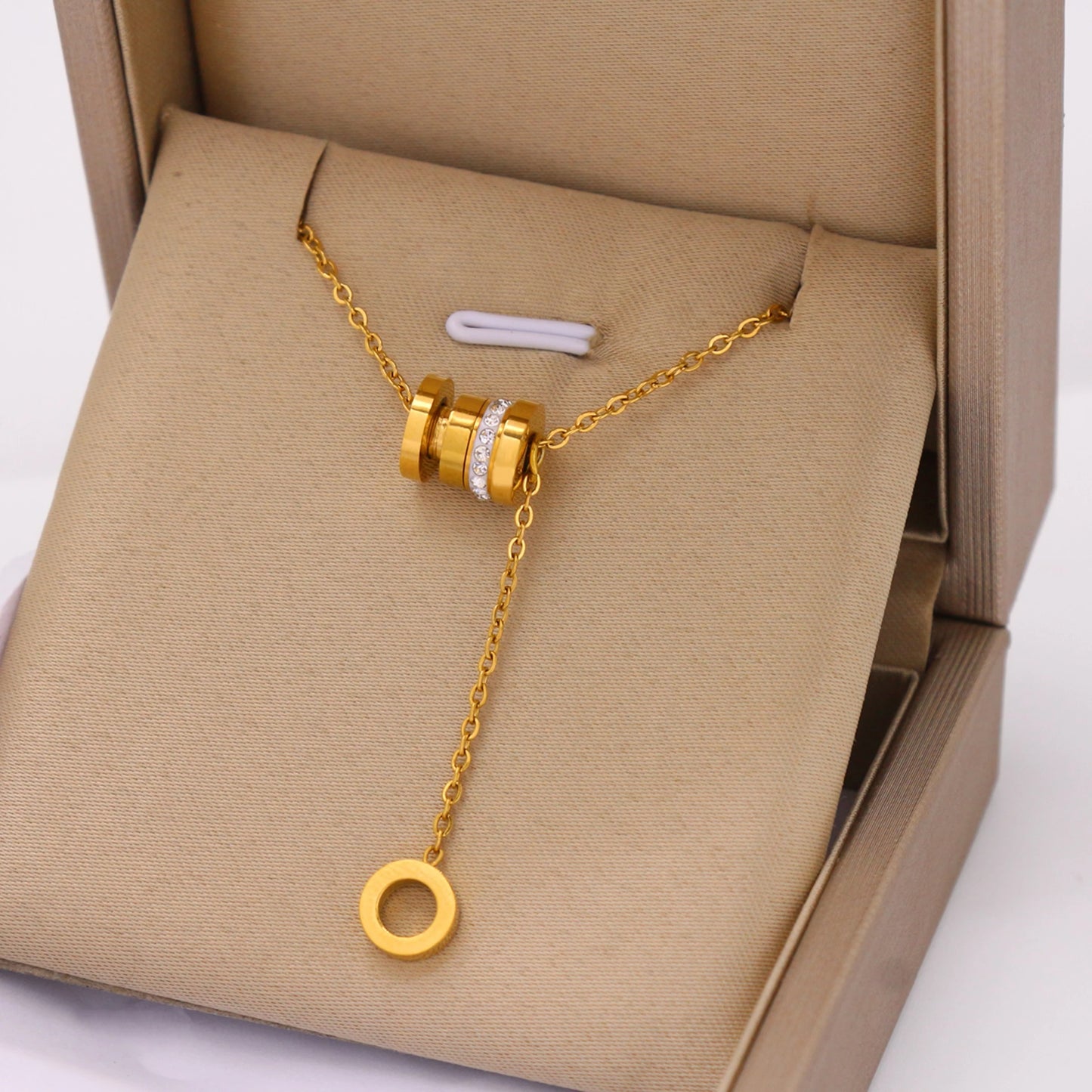 Golden Crystal Ring Pendant Necklace with Drop Chain Design
