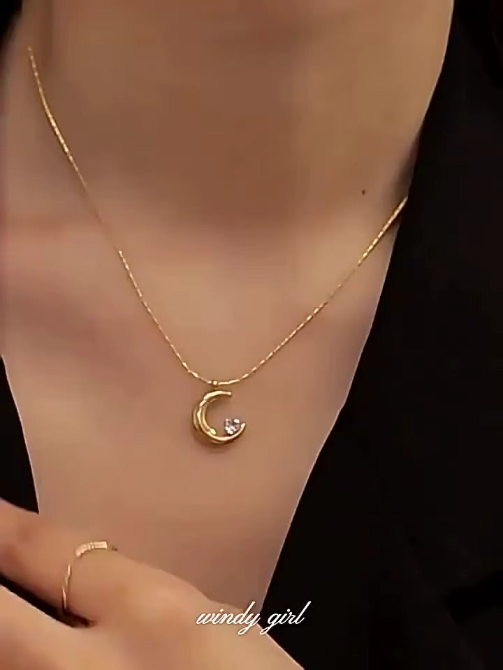 Golden Crescent Moon Necklace with Crystal Accent