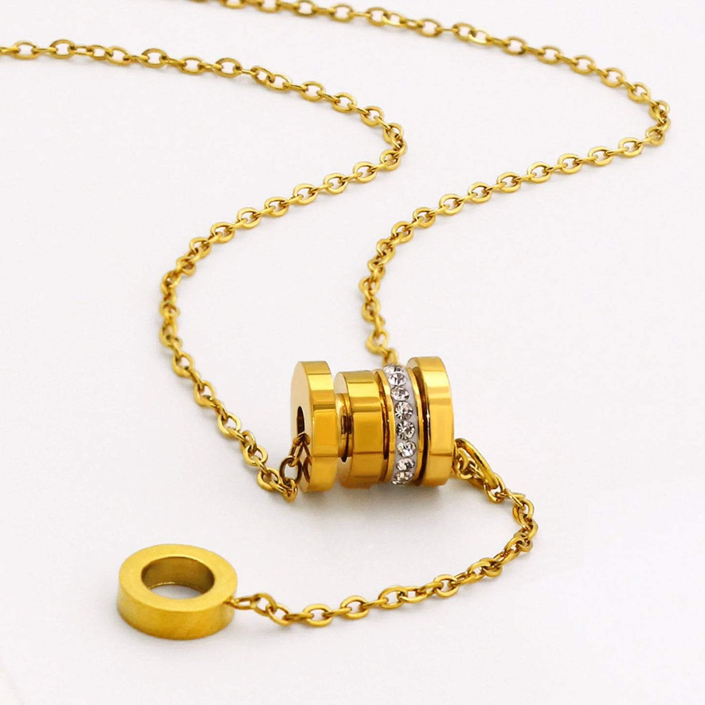 Golden Crystal Ring Pendant Necklace with Drop Chain Design