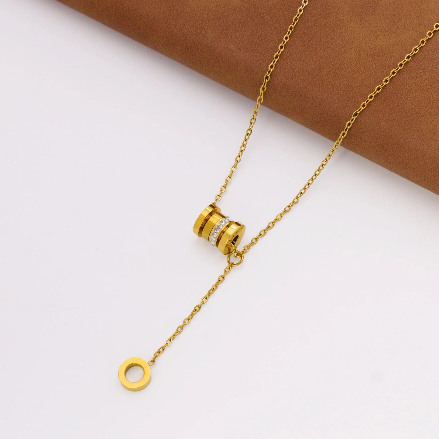 Golden Crystal Ring Pendant Necklace with Drop Chain Design
