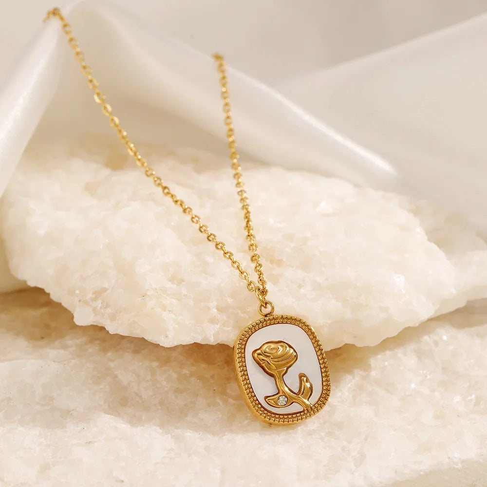 Elegant Golden Rose Pendant Necklace with White Enamel Base