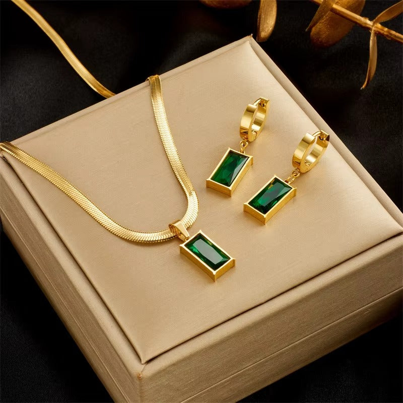 Luxe Green Crystal Rectangle Jewelry Set (Necklace + Earrings)