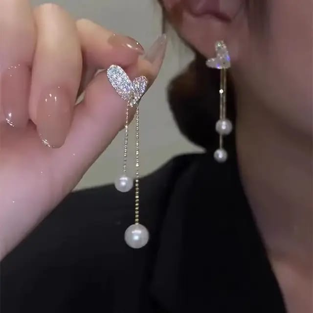 Love Heart Pearl Tassel Drop Earrings