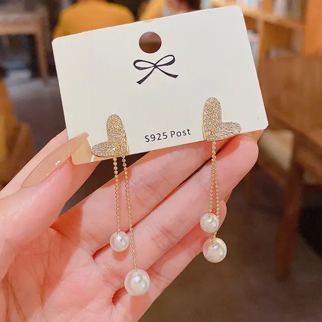 Love Heart Pearl Tassel Drop Earrings