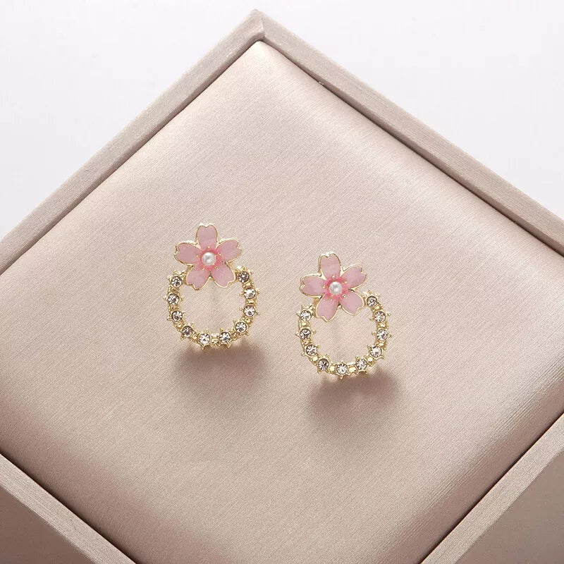 Pink Rhinestone Flower Stud Earrings