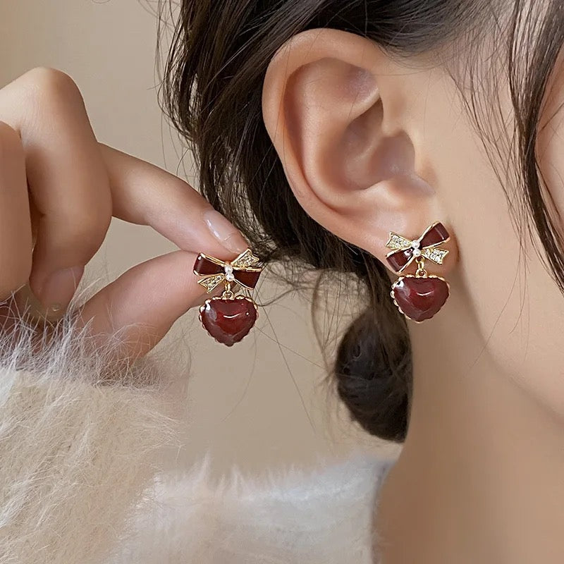 Wine Bow Heart Red Korean Earrings