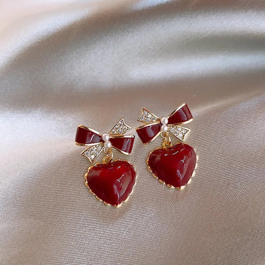 Wine Bow Heart Red Korean Earrings