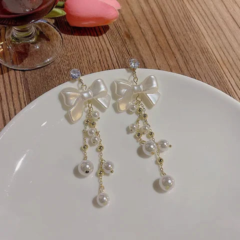 Faux Pearl Decor Bow Drop Earrings