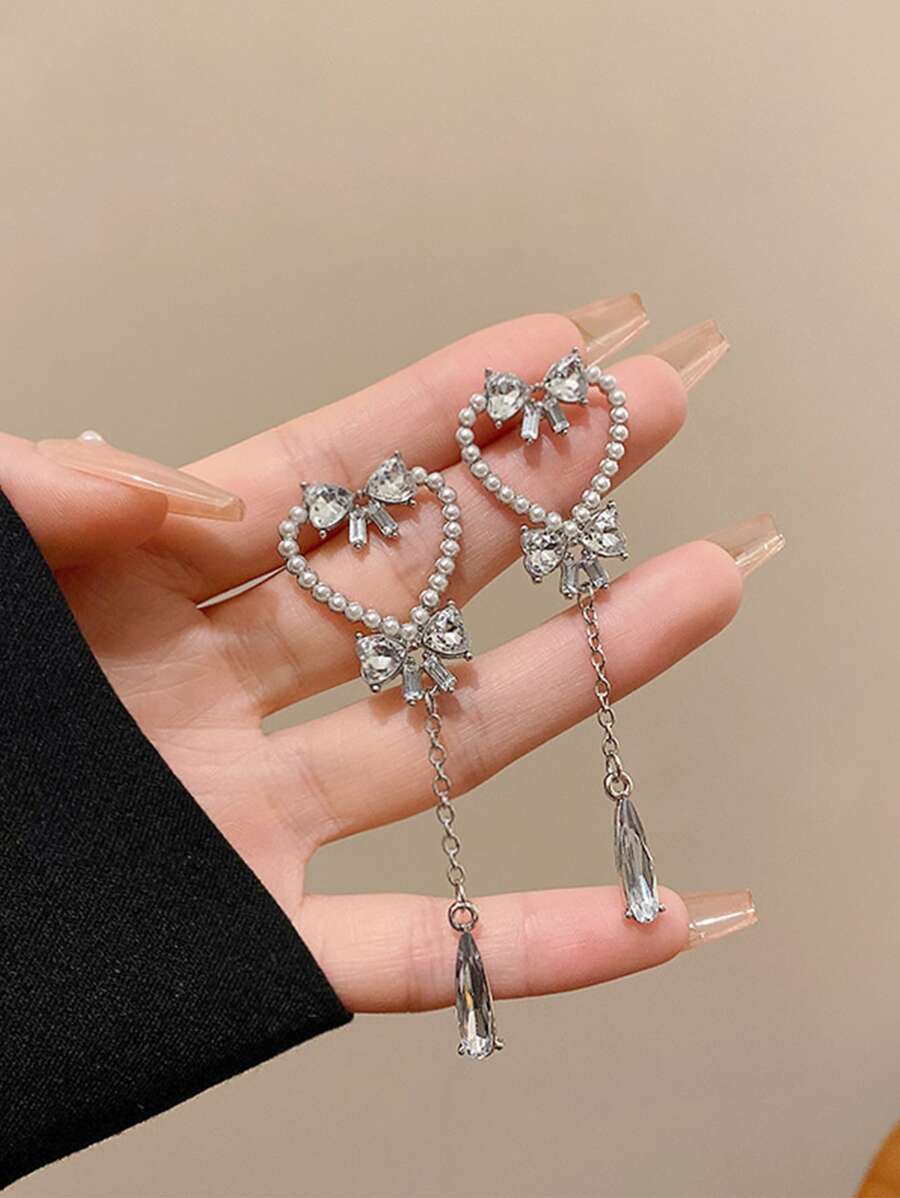 Heart & Bowknot Long Tassel Crystal Earrings