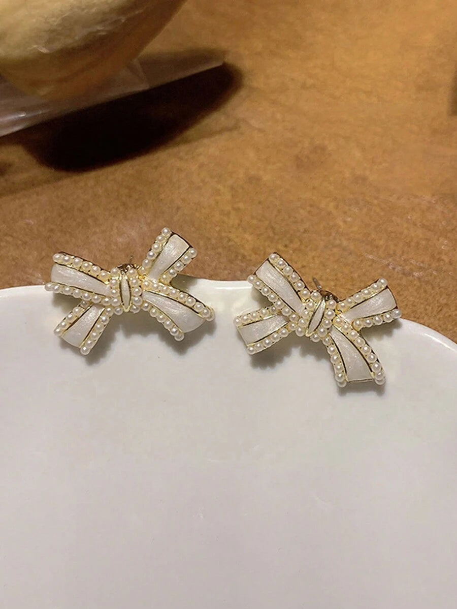 Korean Bow Stone Stud Earrings