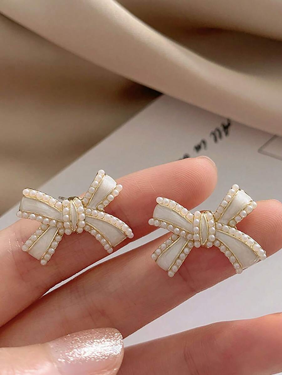 Korean Bow Stone Stud Earrings