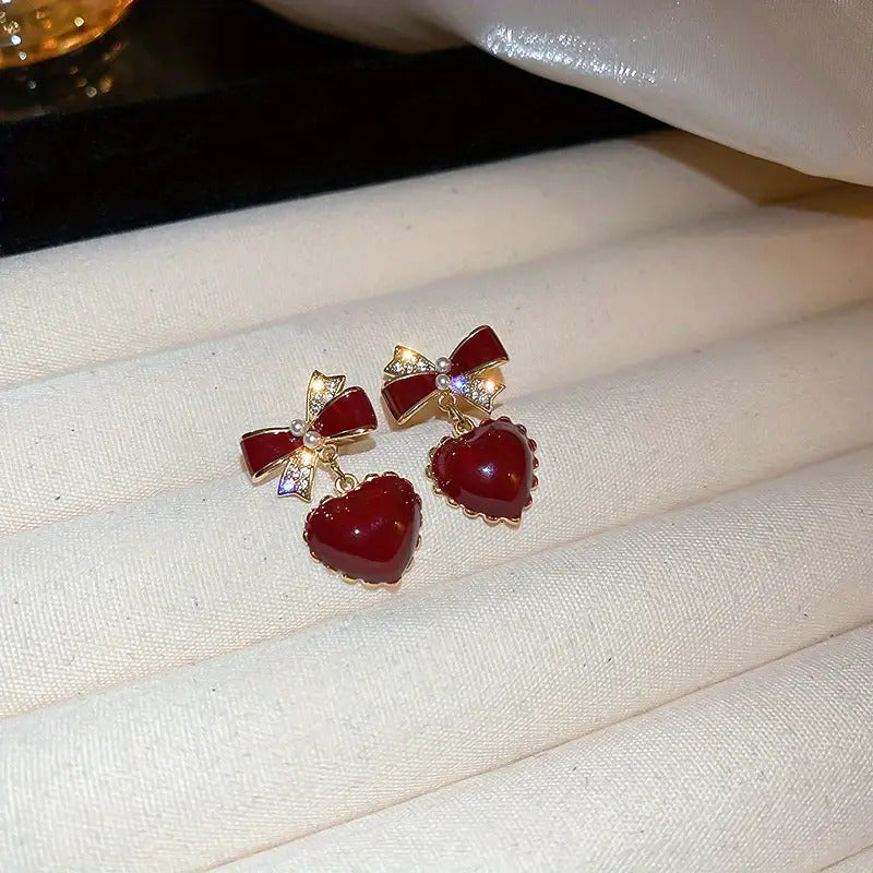 Wine Bow Heart Red Korean Earrings