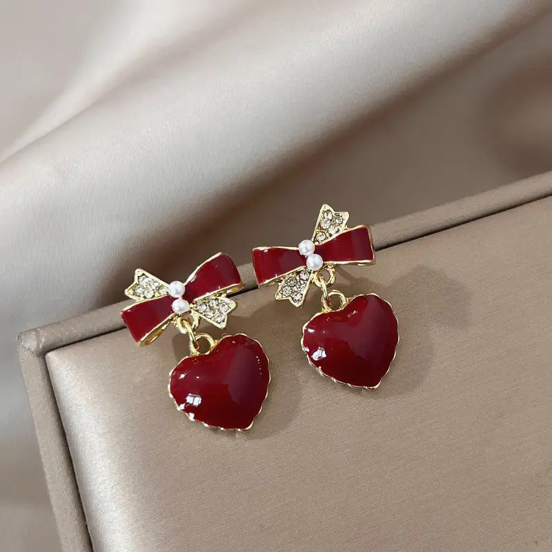 Wine Bow Heart Red Korean Earrings