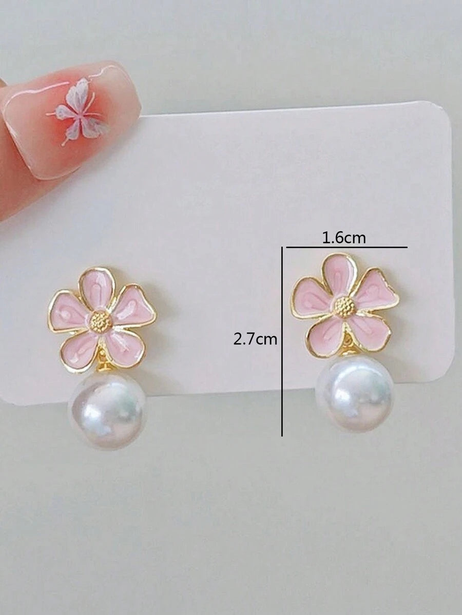 Pink Flower White Pearl Earrings