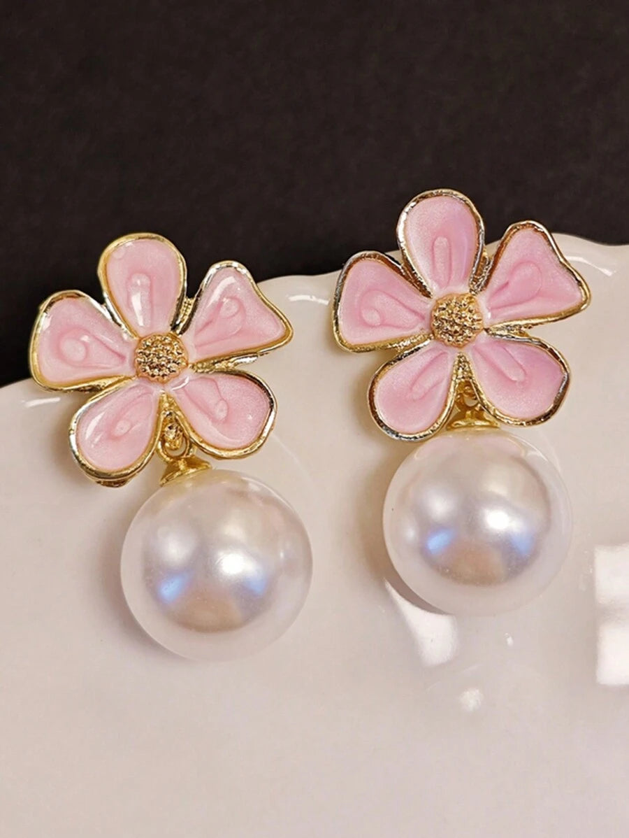 Pink Flower White Pearl Earrings