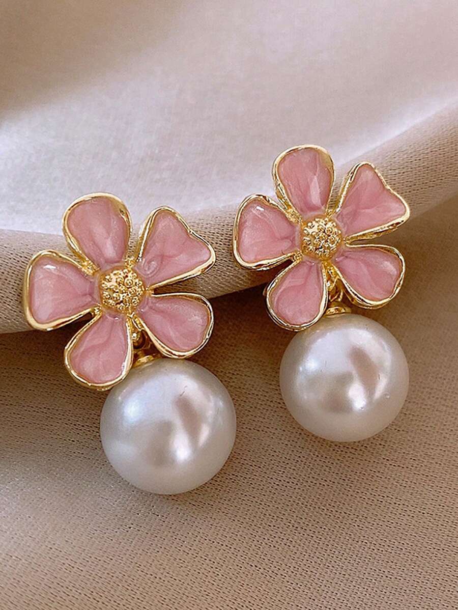 Pink Flower White Pearl Earrings