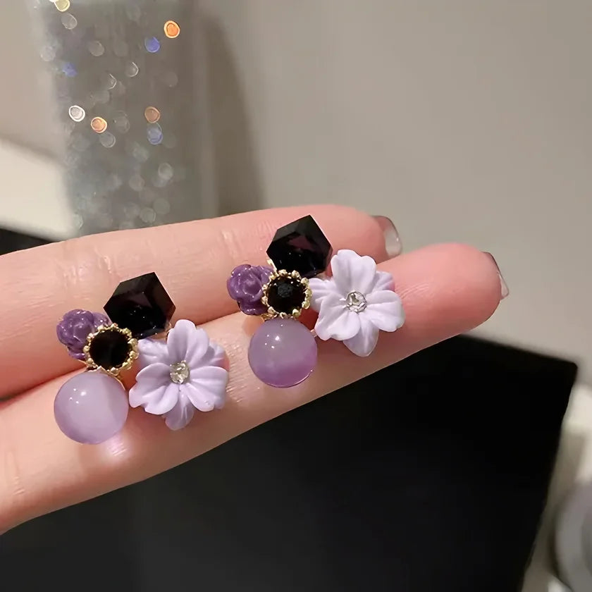 Purple Crystal Flower Stud Earring