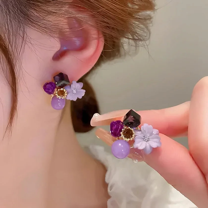 Purple Crystal Flower Stud Earring