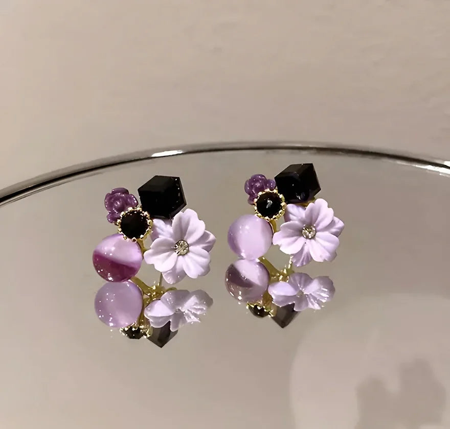 Purple Crystal Flower Stud Earring