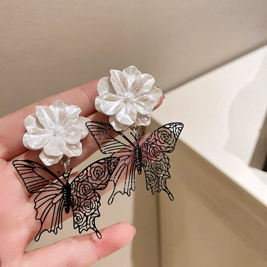 White Flower and Black Butterfly Drop Earrings