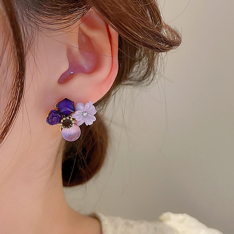 Purple Crystal Flower Stud Earrings