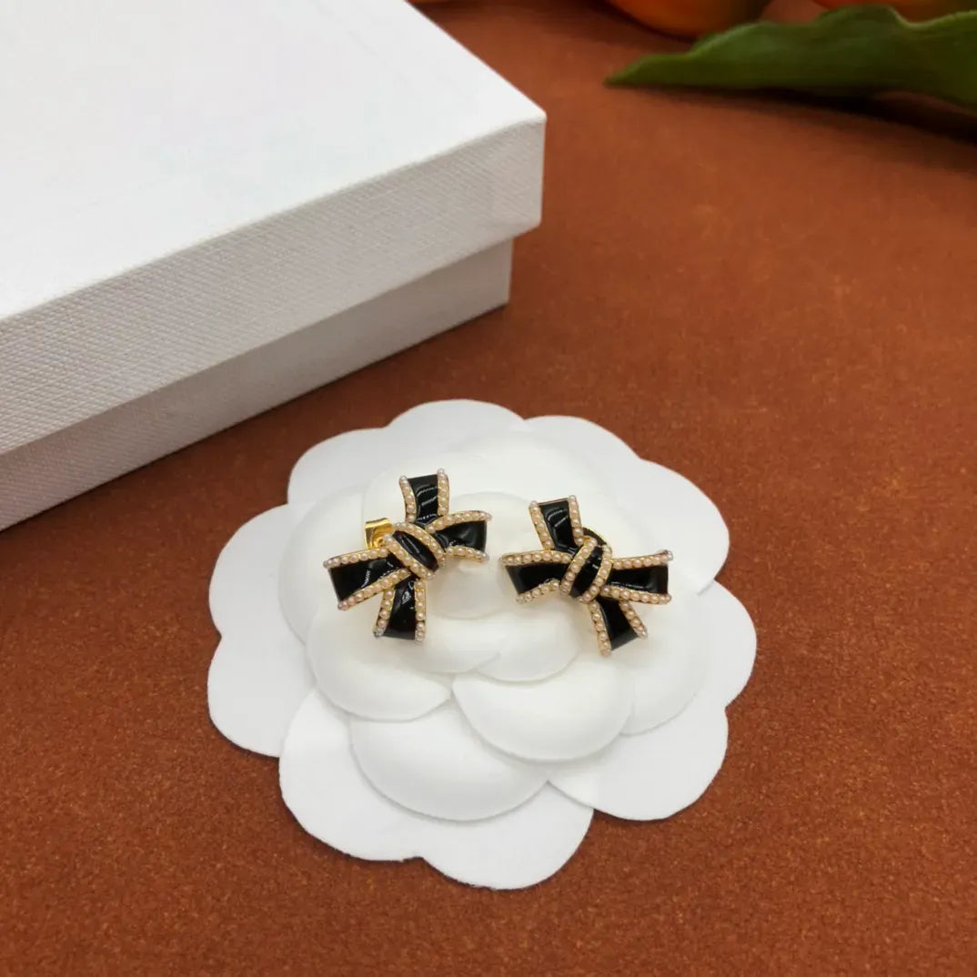 Korean Bow Stone Stud Earrings