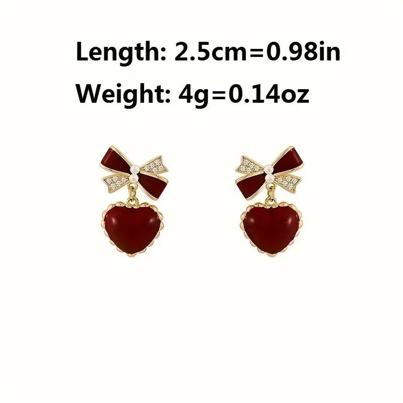 Wine Bow Heart Red Korean Earrings