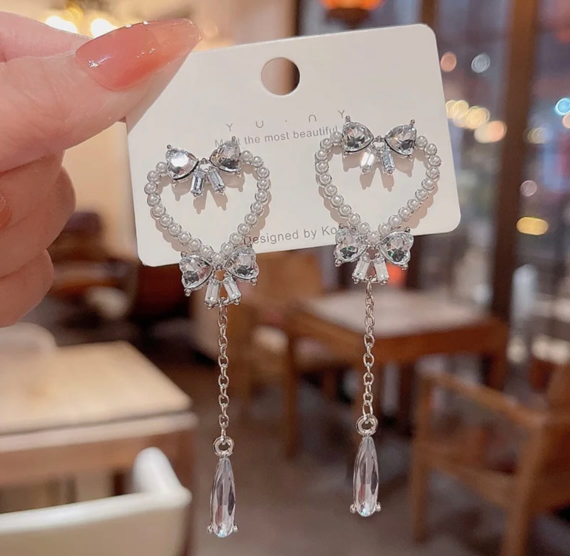 Heart & Bowknot Long Tassel Crystal Earrings