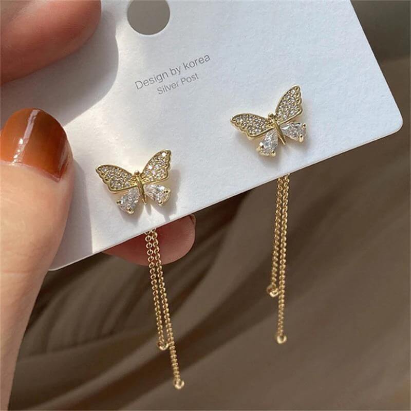 Butterfly Long Gold Chain Tassel Earrings