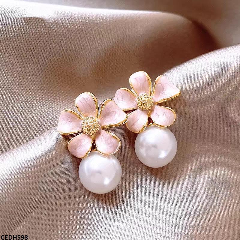 Pink Flower White Pearl Earrings