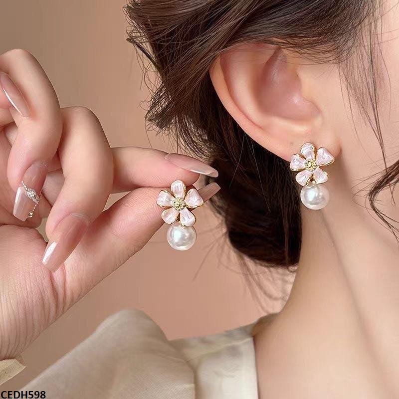 Pink Flower White Pearl Earrings