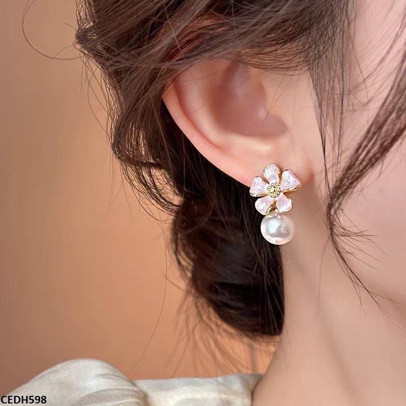 Pink Flower White Pearl Earrings